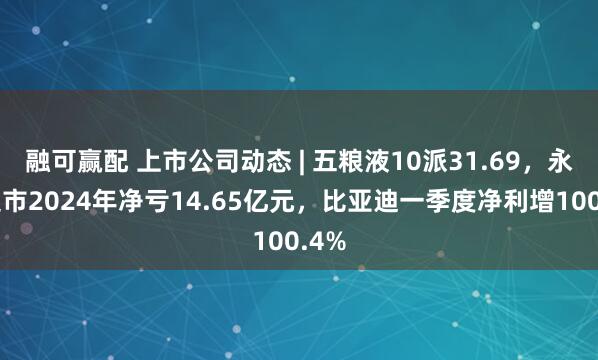 融可赢配 上市公司动态 | 五粮液10派31.69，永辉超市2024年净亏14.65亿元，比亚迪一季度净利增100.4%